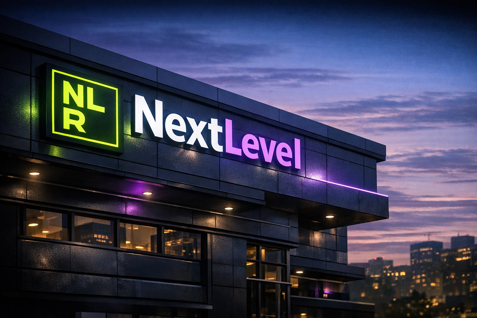 Illuminated Next Level Signage building facade at dusk
